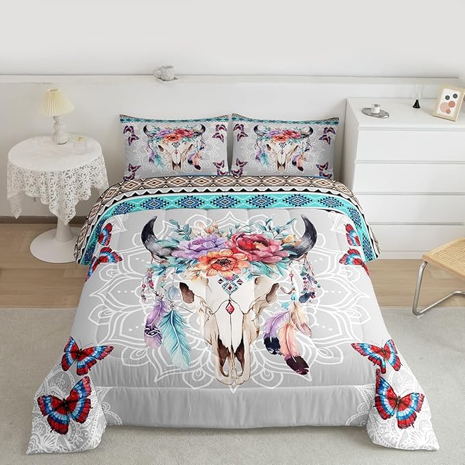 Bull Skull Comforter Set Full Size,Western Tribal Dream Catcher Feather Butterfly Bedding Set,Mandala Floral Quilt Set for Kids Girls Boys Room Decor,Vintage Boho Duvet Insert,2 Pillowcases