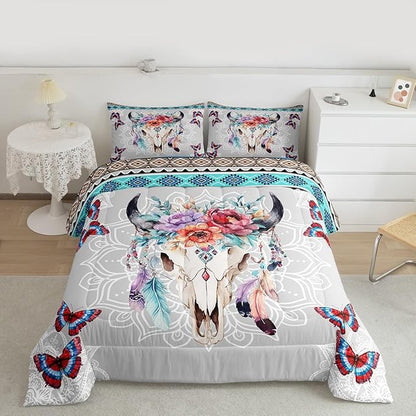 Bull Skull Comforter Set Queen Size,Western Tribal Dream Catcher Feather Butterfly Bedding Set,Mandala Floral Quilt Set for Kids Girls Boys Room Decor,Vintage Boho Duvet Insert,2 Pillowcases
