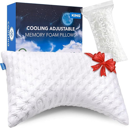 Cooling Side Sleeper Pillow for Neck and Shoulder Pain, Luxury Shredded Memory Foam Curved Bed Pillows for Sleeping Set of 1- Adjustable King Size- Washable Cover Crescent White