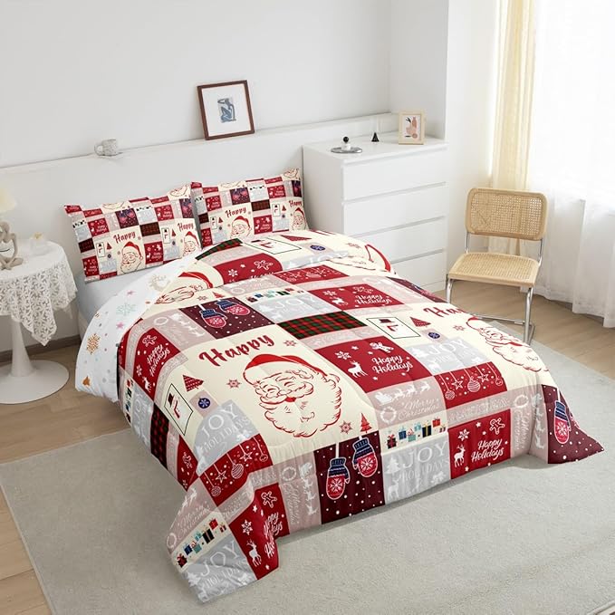Christmas Santa Claus Comforter SetCute Red Geometric Grid Patchwork Bedding Set Kids Girls Boys Room DecorCartoon Xmas Deer Snowflake Bells Quilt Set Happy New Year Duvet Insert Queen Size