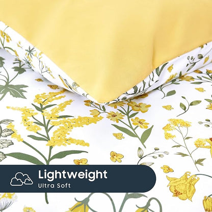 Wake In Cloud - Floral Comforter Set, Shabby Chic Cottage Garden Botanical Flower Style with Elegant Wildflower Pattern, Soft Lightweight Bedding, 3 Pieces, Yellow White, Full Size