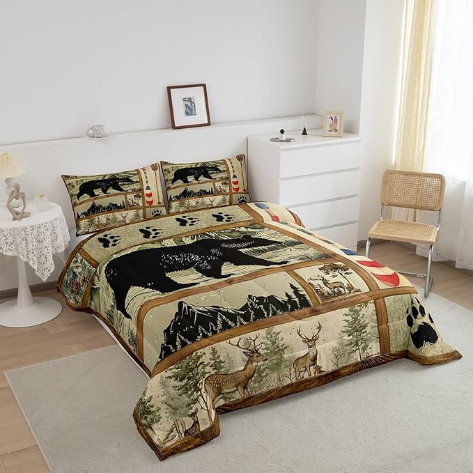 Farmhouse Hunting Bear Comforter Set Queen Size, Lake House Decor Bedding, Retro Woodland Lake Paddle Down Comforter, Deer Moose Wildlife Duvet Insert, Rustic Buffalo Grid Quilt Cabin Lodge Decor
