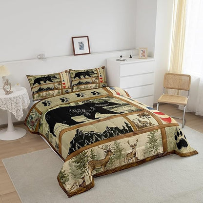 Farmhouse Hunting Bear Comforter Set King Size, Lake House Decor Bedding, Retro Woodland Lake Paddle Down Comforter, Deer Moose Wildlife Duvet Insert, Rustic Buffalo Grid Quilt Cabin Lodge Decor