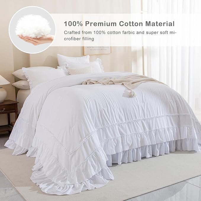 CozyTide White Oversized King Comforter 120x120,Cotton Farmhouse Shabby Boho Chic Ruffle California King Bed Comforter French Country Rustic Bedding 3PCS (1 Ruffled Comforter+2 Pillow Shams)