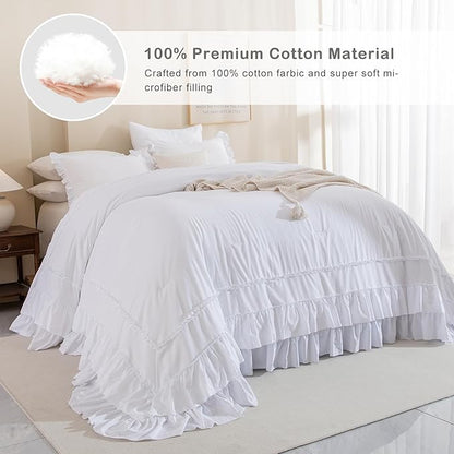 CozyTide Cotton Oversized King Comforter 128x120,White Shabby Boho Chic Farmhouse Bedding Comforter with Ruffles,3 Pieces Vintage Lightweight and Soft French Country Rustic Bedding Set