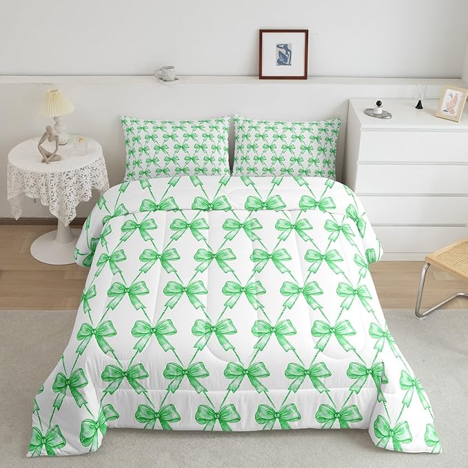 Feelyou Gray Bow Comforter Set King Size Cute Bowknot Bedding Set Boys Girls Bow and Stripes Comforter for Kids Women Men Kawaii Duvet Set 3Pcs