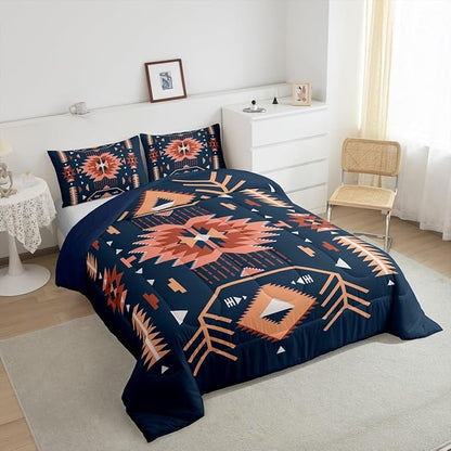 Southwest American Comforter Set Full Size Indian Tribal Aztec Style Quilt Set Vintage Navy Blue Red Bedding Set 3pcs for Kids Teens Adults Room Decor Abstract Art Duvet Insert,2 Pillowcases
