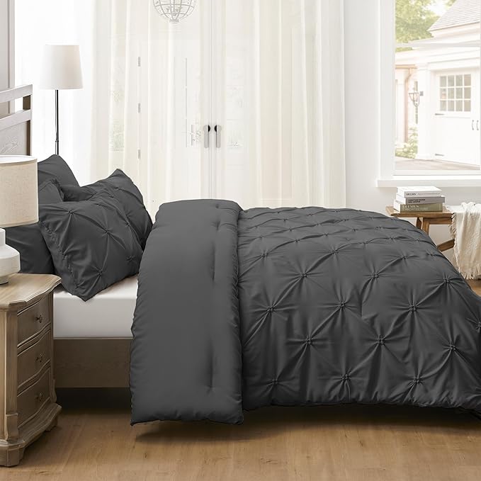 UNIKOME Queen Comforter Set Dark Gray - Ultra Soft Boho Pintuck Down Alternative Bedding Set for All Seasons, 3 Pieces Lightweight Warm Pinch Pleat Bed Set with Comforter, 2 Pillowcases