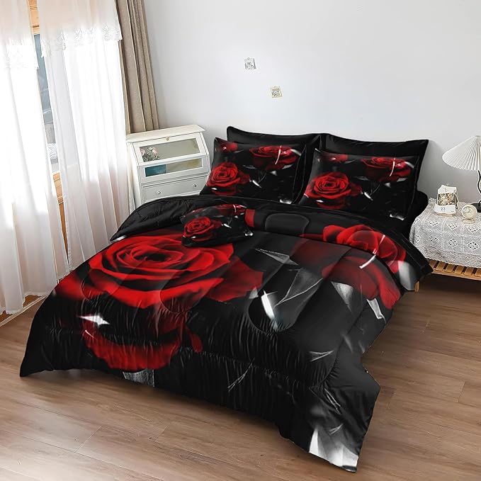 MUGINYU Western Farmhouse Comforter Set Queen, 8 Pieces Bed in a Bag Blue Teal Orange Bull Skull Print Highland Cow Ethnic Tribal Arrow Southwestern Bedding Set (Rose Black, Queen)