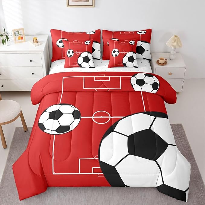 Erosebridal Sports Theme 7 Piece Bedding Set King Football Comforter Set with Sheets Football Court Soccer Ball Pattern Bed in a Bag Boys Playground Red White for Kids Boys Girls