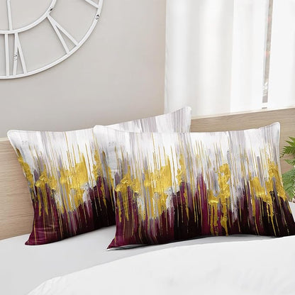 Wine Red White Gold Gradient Color Print Comforter Set Queen Size,Abstract Art Bedding Set,Patchwork Printed Quilted Set for Teens Adult,with 1 Comforter and 2 Pillow Case