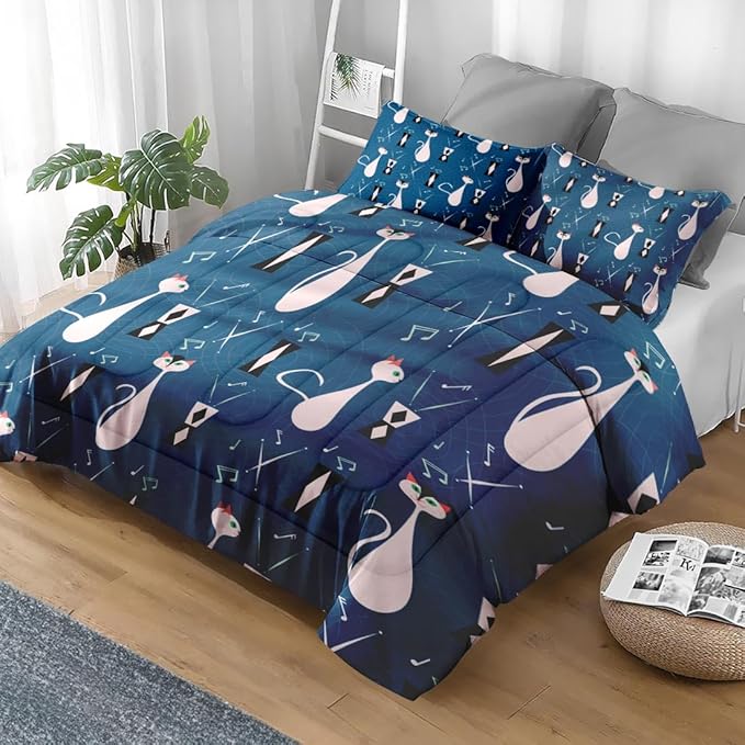 Comforter Set Twin Size, Musical Cat Blue 2 Pcs Soft Bedding Set for Kids and Adults, Pink Green Mid Century Comforter Set with Pillowcase, for Bedroom Bed Decor