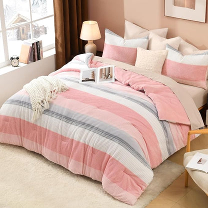 Litanika Fluffy Fleece Twin Comforter Set, Luxury Soft Plush Fuzzy Blush Stripe Bedding Comforter Sets, Warm Shaggy Faux Fur Bed Set All Season (1 Comforter, 1 Pillowcase)