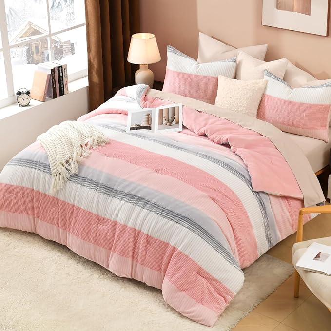 Litanika Fluffy Fleece Full Size Comforter Set, Luxury Soft Plush Fuzzy Blush Stripe Bedding Comforter Sets, Warm Shaggy Faux Fur Bed Set All Season (1 Comforter, 2 Pillowcases)