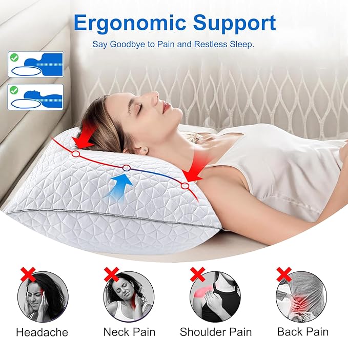 Cooling King Size Pillows Set of 2, Shredded Memory Foam Pillows, Adjustable Firm Bed Pillows Cool Cold Pillow for Hot Side Back Stomach Sleepers with Removable Washable Cover, 20" x 36", White