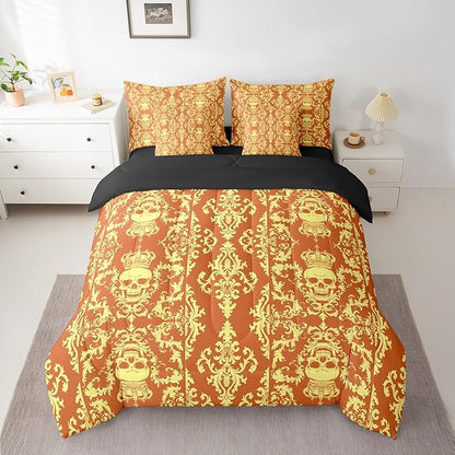 Erosebridal Gothic Skull Comforter Set 7 Piece Bed in a Bag Twin,Yellow Orange Damask Bohemian Vintage Flowers Bedding Set,Goth Skeleton Sheet Set,Exotic Boho Floral Crown Victorian Antique Decor