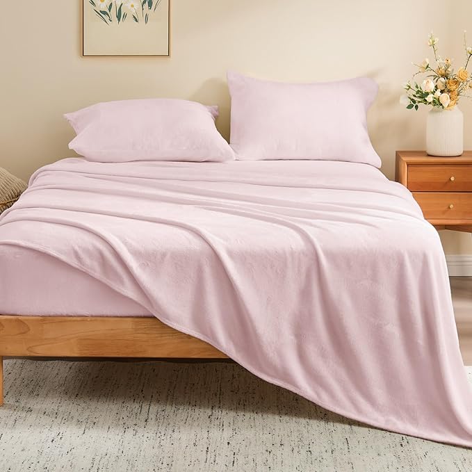 BEDELITE Flannel Sheets King Size Pink - Super Soft Fleece Sheets Set Fluffy Extra Plush, 4 Piece(Include Fitted Sheet, Flat Sheet, 2 Pillowcases)