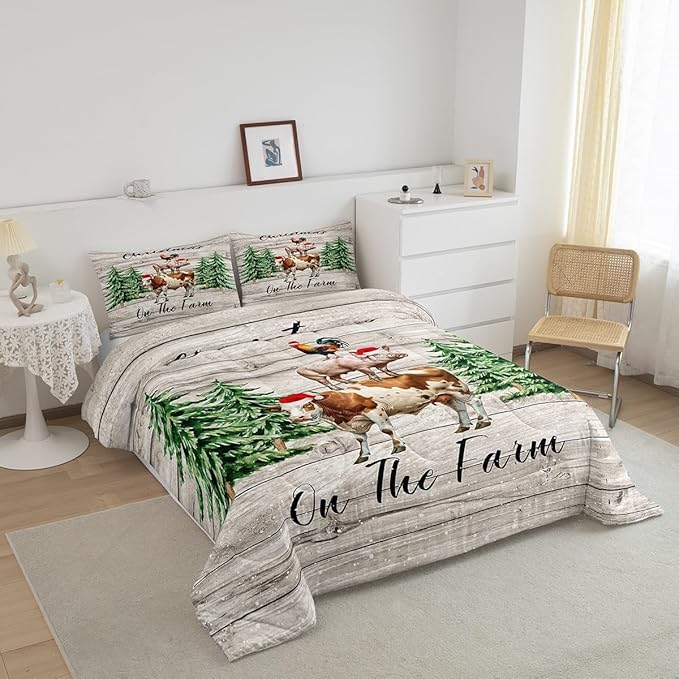 Christmas Farmhouse Twin Size Comforter Set,Xmas Pine Trees Snowflake Duvet Set Soft Bed Collection,Cartoon Cow Chicken Pig Bedding Comforter for Boys Girls Bedroom,2 Pcs