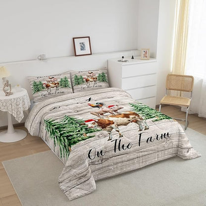 Christmas Farmhouse Twin Size Comforter Set,Xmas Pine Trees Snowflake Duvet Set Soft Bed Collection,Cartoon Cow Chicken Pig Bedding Comforter for Boys Girls Bedroom,2 Pcs