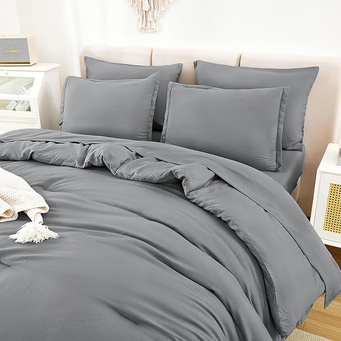 Litanika California King Comforter Set Medium Gray - 7 Pieces Bed in a Bag Cal King Bedding Comforter Sets, Plain Lightweight Bed Set with Comforter, Sheets, Pillowcases & Shams