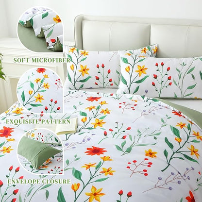 King Comforter Set Green 3 Pieces Bed in a Bag, Colorful Floral Bedding Sets Elegant Botanical Bed Set Lightweight Soft Comforter with 2 Pillowcases for All Season