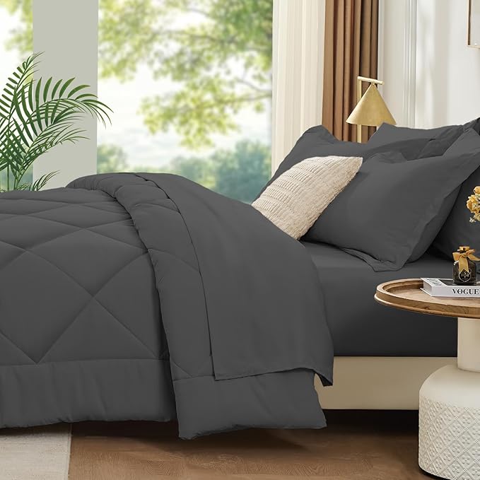 FUANNA 7 Pieces Queen Comforter Set, All Season Bed in a Bag Queen Size, Luxury Soft Bedding Sets with Comforter, Flat Sheet, Fitted Sheet, Pillowcases & Pillow Shams, Dark Grey