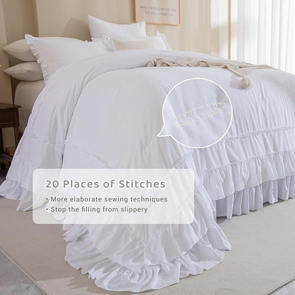 Sanracie California King Comforter Set 128" x 120", Cotton White Soft Breathable 3Pcs Bedding Sets Farmhouse French Country Shabby Vintage Ruffled Bedding Comforter Sets for All Season