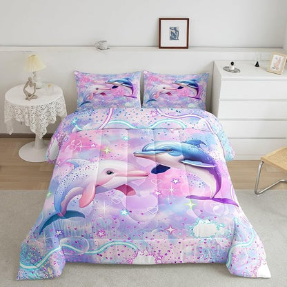 Cute Dolphin Reversible King Size Comforter Set,Pink Blue Couple Dolphin Decor All Season Bedding Set,Teens Rainbow Stars Galaxy Comforter,Dreamy Love Decor Quilt Set Bedroom Collection 3Pcs,Colorful