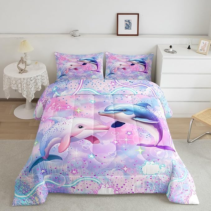 Kawaii Dolphin Bedding Set Full Size Colorful Glitter Sky Galaxy Comforter Set for Girls Kids Teens Cartoon Dream Fairy Tale Style Quilted Duvet Set Room Decor 3Pcs,Reversible Colorful