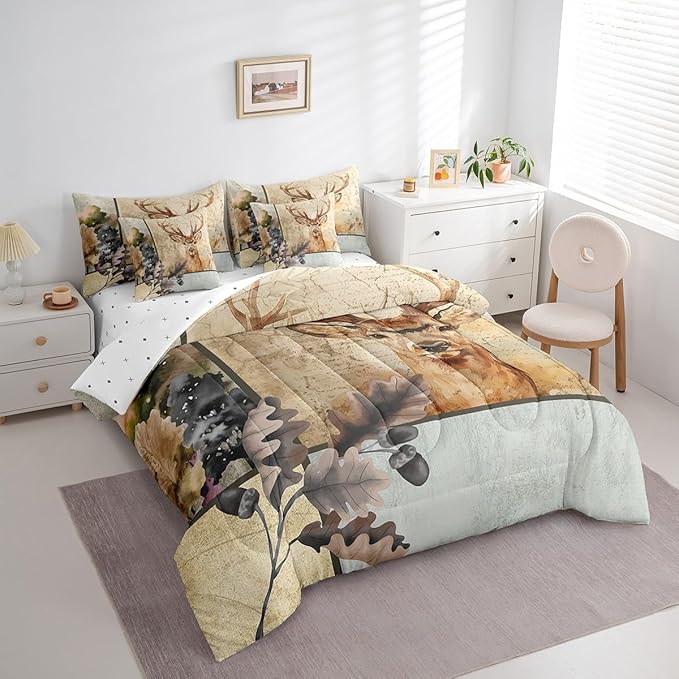 Elk Deer Comforter Set 7 Piece Bed in a Bag Twin,Woodland Animals Bedding Sets Moose Reindeer Sheet Set with Comforter