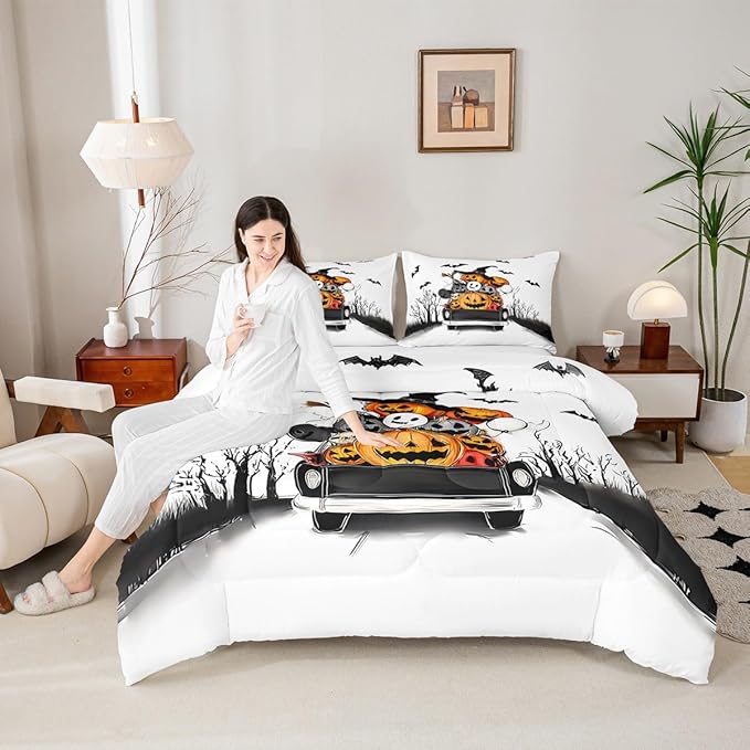 Erosebridal Halloween Decorations Comforter Set, Halloween Pumpkin Bedding Set King for Kids Boys Teens Men Gothic Room Decor, Fall Pumpkin Comforter, Black Bat Ghost Orange White Black Quilt