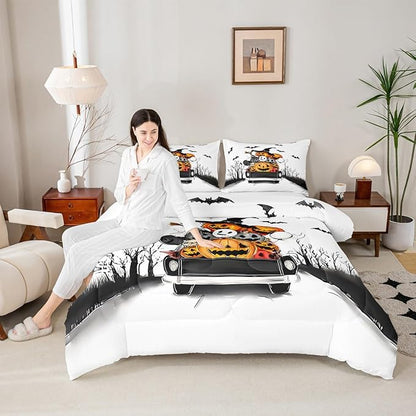 Erosebridal Halloween Decorations Comforter Set, Halloween Pumpkin Bedding Set King for Kids Boys Teens Men Gothic Room Decor, Fall Pumpkin Comforter, Black Bat Ghost Orange White Black Quilt