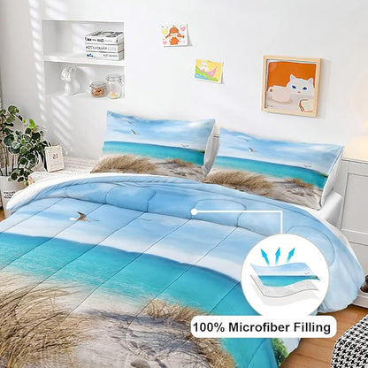 MOVE OVER Blue Ocean Bedding Set Beach Themed Comforter Set Queen Size 4 Pcs White Seagull and Seaside Rocks Seascape Pattern Blue Island Scenery Coastal Bedding Sets Ocean Beach Bedding Sets