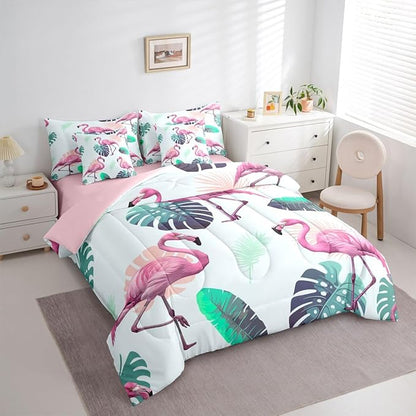 Erosebridal Girls Kids Flamingo Animal Pink Green King 7-Piece Comforter Set | Tropical Leaves Sheets and Pillowcases Botanical Bed in A Bag Women Kids Bed Sets