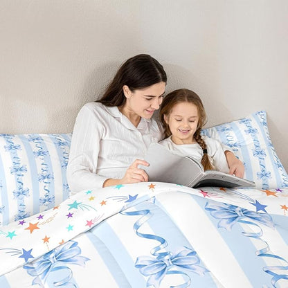 Erosebridal Blue Bowknot Comforter Set King Cute Kawaii Bow Bedding Set for Girls Princess Room Decor,Blue Coquette Bowknot Comforter Geometric Spiral Striped Butterfly Knot Bed Set