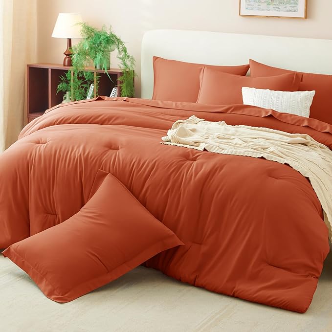 CozyLux Queen Comforter Set Burnt Orange, 7 Pieces Bed in a Bag Queen Size Comforter Set with Sheets, Terracotta Bedding Sets with Down Alternative Comforter, Sheets, Pillow Shams and Pillowcases