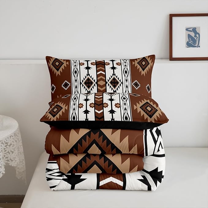 Erosebridal Western Comforter Set Brown Rustic Boho Aztec Bedding Set King Size,Country Cabin Lodge Quilt Comforter for Boys Adults Men Southwestern Ethnic Tribal Bed Duvet Set 3 Pcs