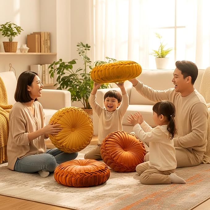 4 Pcs Round Throw Pillows Decorative Velvet Pleated Throw Pillows 15'' Diameter Accent Pumpkin Boho Chair Cushion for Couch Sofa Chair Bed Home Decoration (Burnt Orange,Yellow)