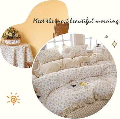 MKXI Full Size Pink & Yellow Floral Ruffled Comforter Set - 3 Piece Cottagecore Style Reversible Bed Set with Beige Plaid Pattern, Soft Aesthetic Bedding Set for Girls Wome