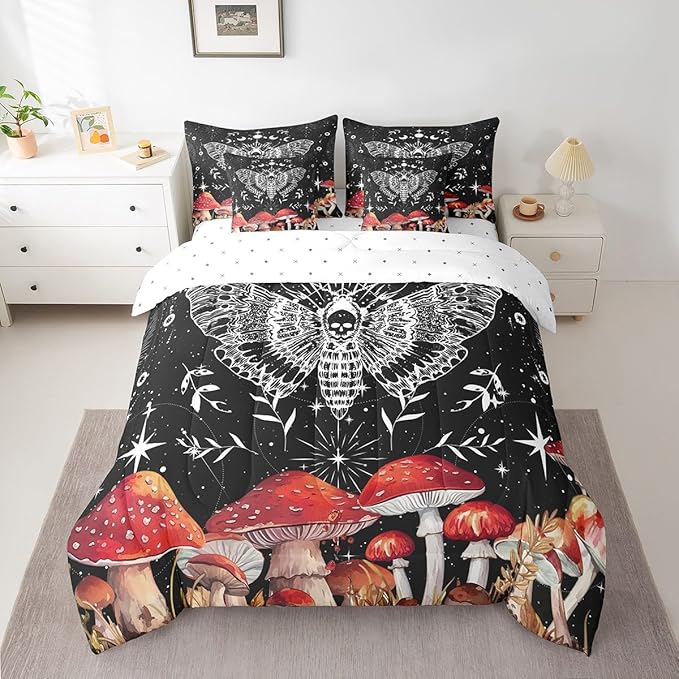 Feelyou Death Moth Bedding Set with Comforter, Full Size 7Pcs Halloween Decorations Comforterative Cute Mushroom Bed in a Bag with Comforter, Boho Moth Room Decor