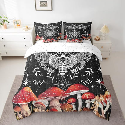 Feelyou Death Moth Bedding Set with Comforter, Twin Size 7Pcs Halloween Decorations Comforterative Cute Mushroom Bed in a Bag with Comforter, Boho Moth Room Decor