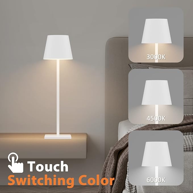 White Cordless Table Lamp, 2 Pack 5500mAh Battery Powered LED Table Light, 3 Color Temperatures Stepless Dimmable Rechargeable Table Lamps for Outdoor Restaurant Bedroom White 2 Pack