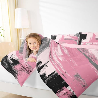 Erosebridal Abstract Pink Comforter Set Toddler Size Girly Black and Pink Comforter Set for Teens Girls Kids Geometric Modern Bedding Sets Minimalists Modern Striped Art Bed Sets for Women Men