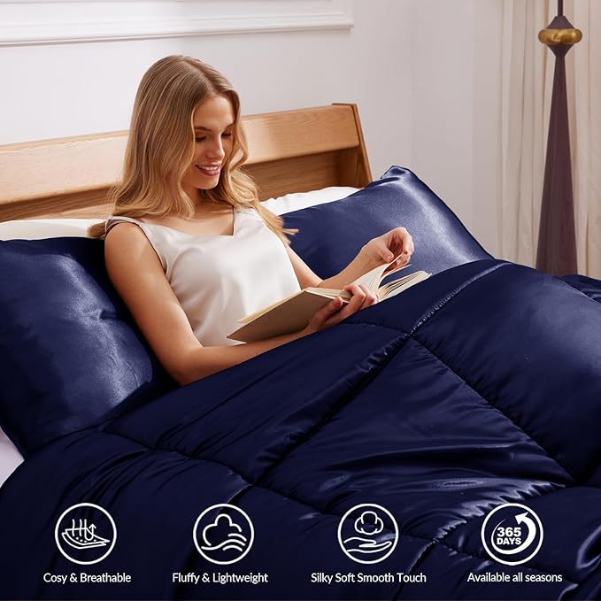 Whale Flotilla 3-Piece Reversible Silky Soft Queen Comforter Bedding Set, Luxurious Satin Comforters Full Size with 2 Satin Pillowcases, Lightweight Duvet for All Seasons, Navy