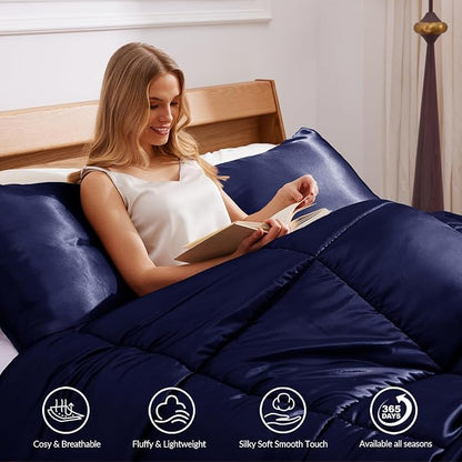 Whale Flotilla 3-Piece Reversible Silky Soft Queen Comforter Bedding Set, Luxurious Satin Comforters Full Size with 2 Satin Pillowcases, Lightweight Duvet for All Seasons, Navy