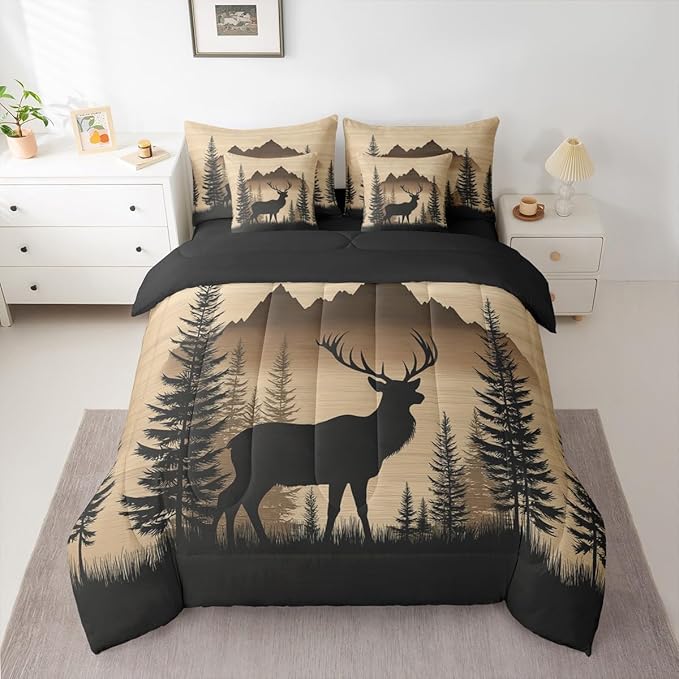 Erosebridal Woodland Cute Deer Bed in A Bag (King Size,7 Pieces) | Deer Hunting Comforter Set with Sheets Rustic Cabin Lodge Bedding Set for Kids Boys Girls Western Animal Silhouette Duvet Insert