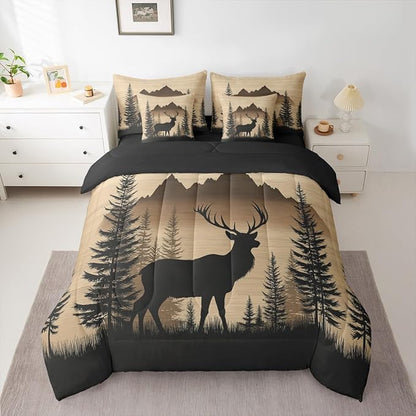 Erosebridal Woodland Cute Deer Bed in A Bag (King Size,7 Pieces) | Deer Hunting Comforter Set with Sheets Rustic Cabin Lodge Bedding Set for Kids Boys Girls Western Animal Silhouette Duvet Insert