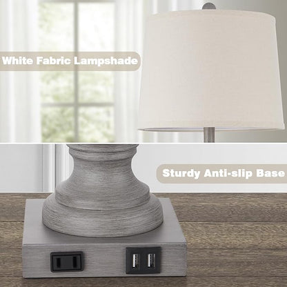 Farmhouse Table Lamps Set of 2, Rustic 25" Touch Control Bedside Lamps with 2 USB Ports & AC Outlet, Vintage 3-Way Dimmable Nightstand Lamp Linen Fabric Shade for Living Room Bedroom End Table Decor