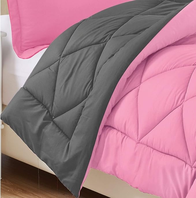 Elegant Comfort Goose Down Alternative -Diamond-Stitched- Quilted 3-Piece Reversible Comforter Set/Duvet Insert Soft Bedding-Medium Warmth for All Seasons, King, Pink/Grey
