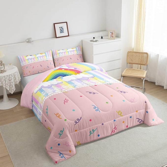 Cute Rainbow Kids Comforter Set King Size,Colorful Dots Stripes Kawaii Sketch Reversible Bedding Set All Season Quilt Set,Cartoon Style White Lace Print Soft Warm Polyester Down Comforter